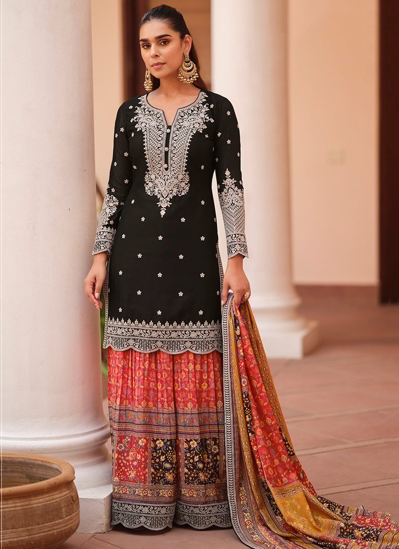 Classic Black Chinon Silk Zari Sequins Embroidered Palazzo Suit Festive Wear