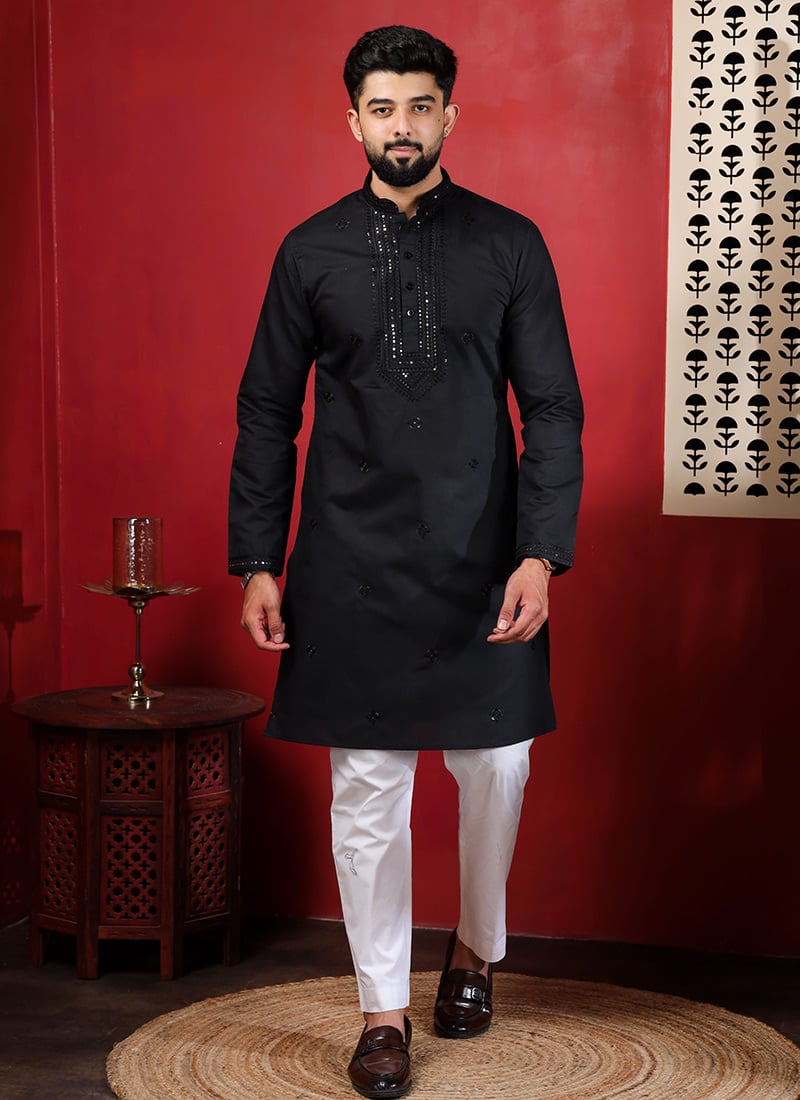 Classic Black Cotton Embroidered Kurta Pyjama Festive Wear