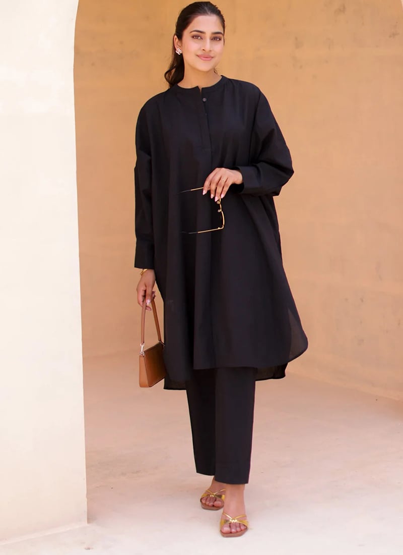 Classic Black Cotton Kurta Straight Pant Set After Six Wear