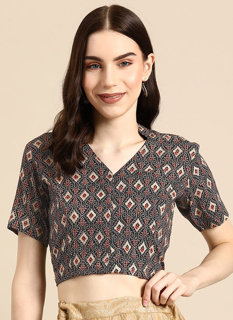 Classic Black Cotton Printed Blouse After Six Wear