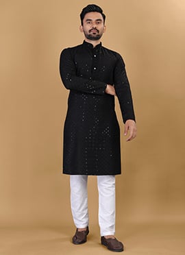 Classic Black Cotton Rayon Sequins Kurta Pyjama