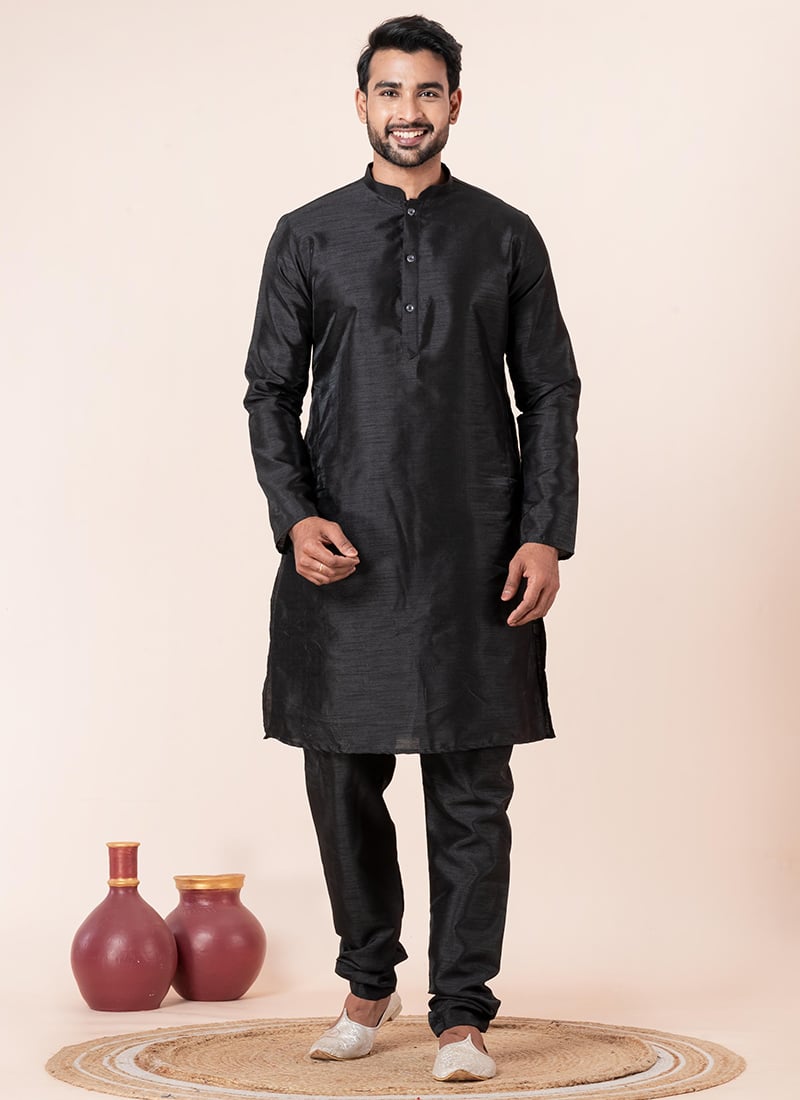 Classic Black Dupion Silk Plain Kurta Pyjama Festive Wear
