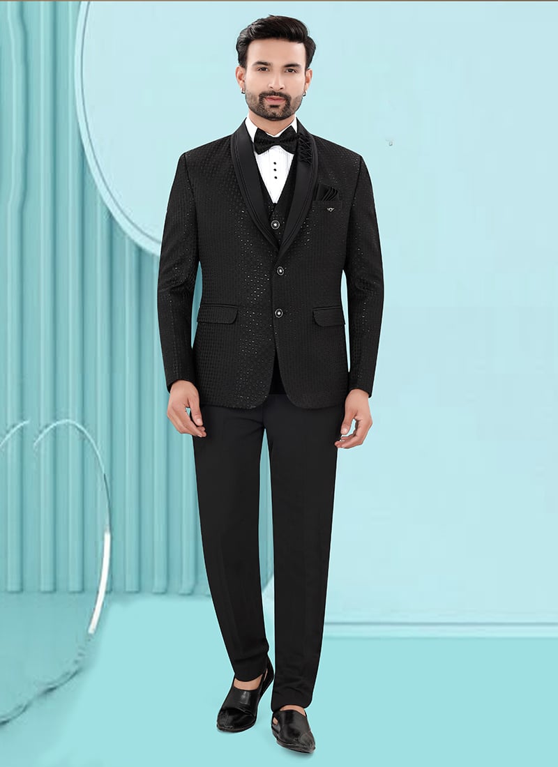 Classic Black Jacquard Embroidered Sequins Bandhgala Suit Wedding Wear