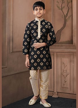 Classic Black Jacquard Silk Zari Kids Boys Kurta Pyjama