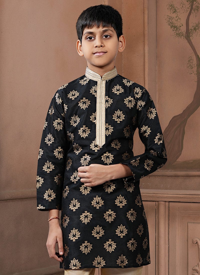 Classic Black Jacquard Silk Zari Kids Boys Kurta Pyjama Festive Wear