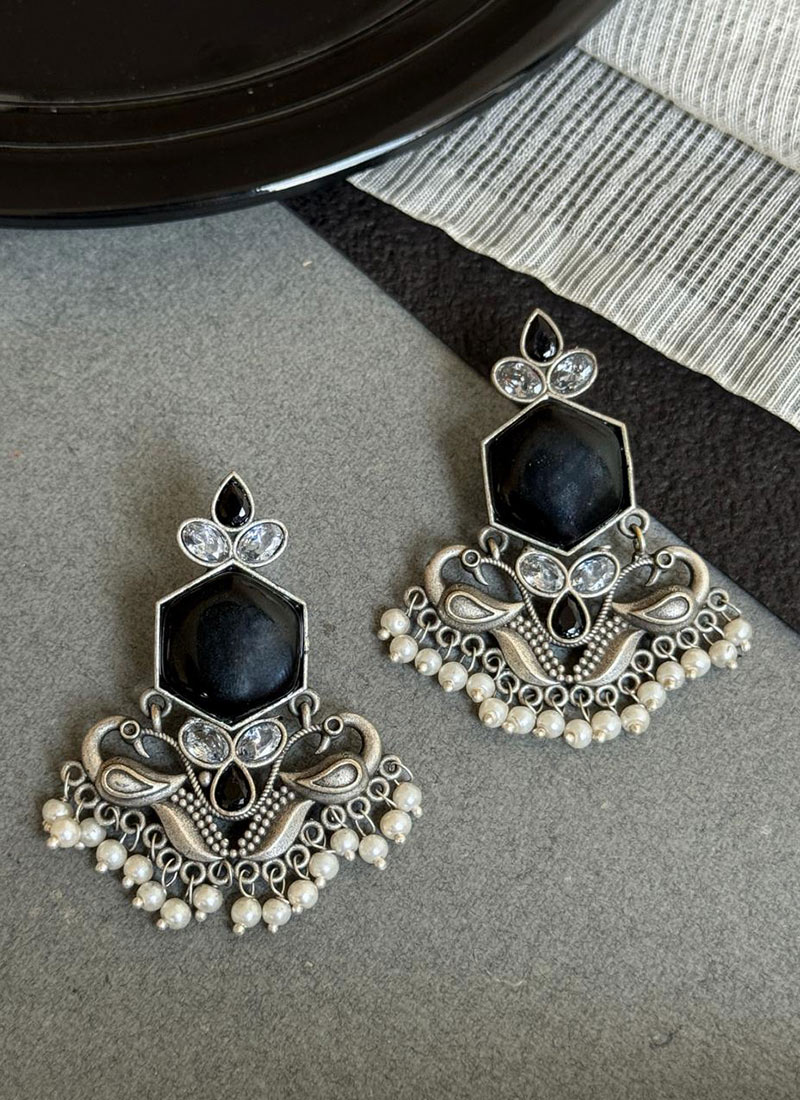 Classic Black Kundan Beads Oxidised Danglers Festive Wear