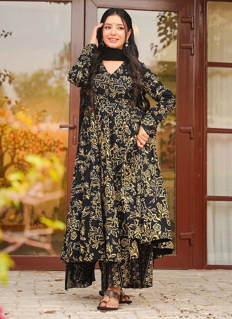 Classic Black Muslin Digital Print Anarkali Suit After Six Wear