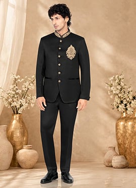 Classic Black Rayon Hand Embroidered  Bandhgala Suit