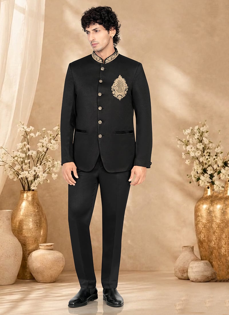 Classic Black Rayon Hand Embroidered Bandhgala Suit Wedding Wear
