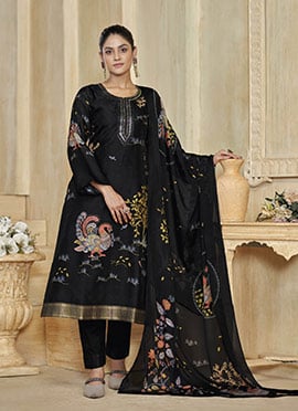 Classic Black Silk Digital Print Jacquard Embroidered Straight Pant Suit
