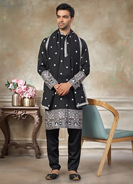 Classic Black Silk Embroidered Kurta Pyjama