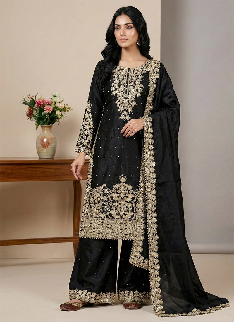 Classic Black Silk Embroidered Sequins Coding Palazzo Suit Festive Wear