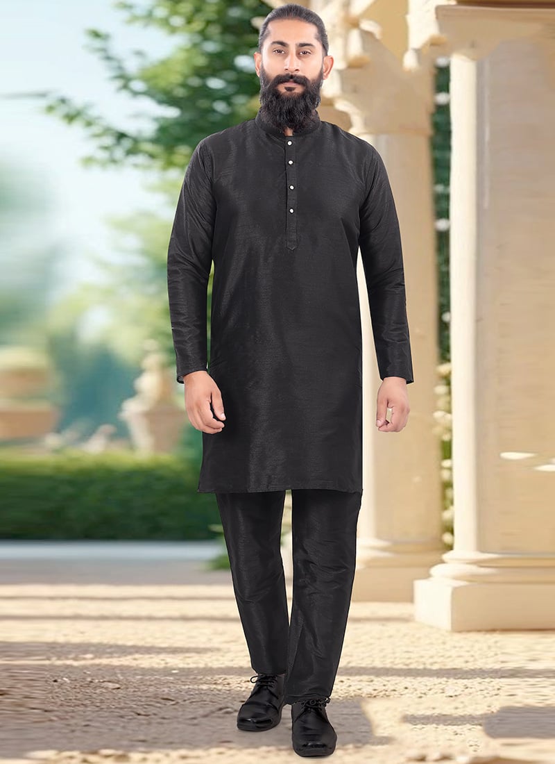 Classic Black Silk Kurta Pyjama Festive Wear