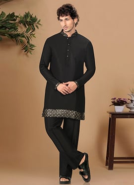 Classic Black Silk Sequins Kurta Pyjama