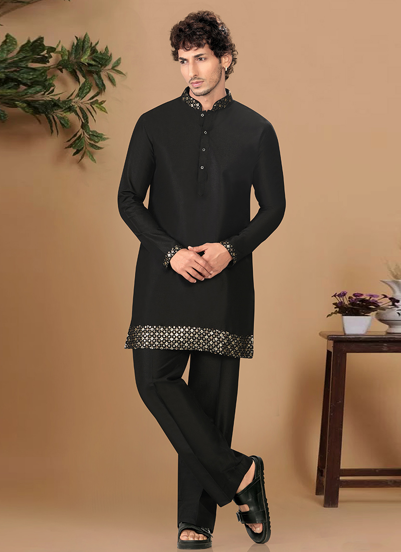 Classic Black Silk Sequins Kurta Pyjama Festive Wear