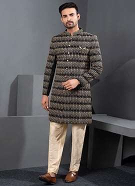 Classic Black Silk Zari Embroidered Indowestern Sherwani