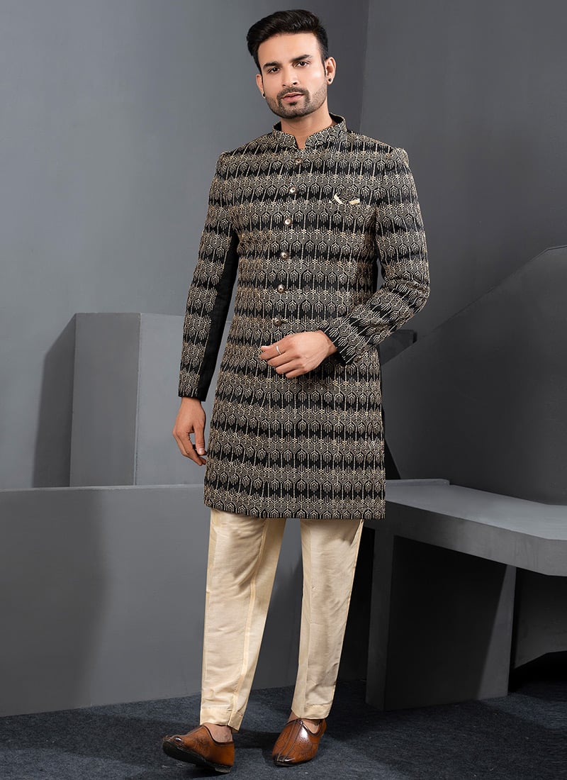 Classic Black Silk Zari Embroidered Indowestern Sherwani Wedding Wear