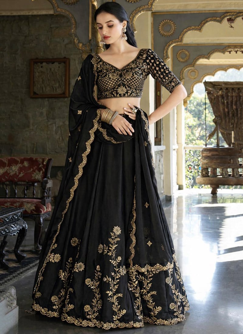 Classic Black Silk Zari Embroidered Umbrella Lehenga Wedding Wear