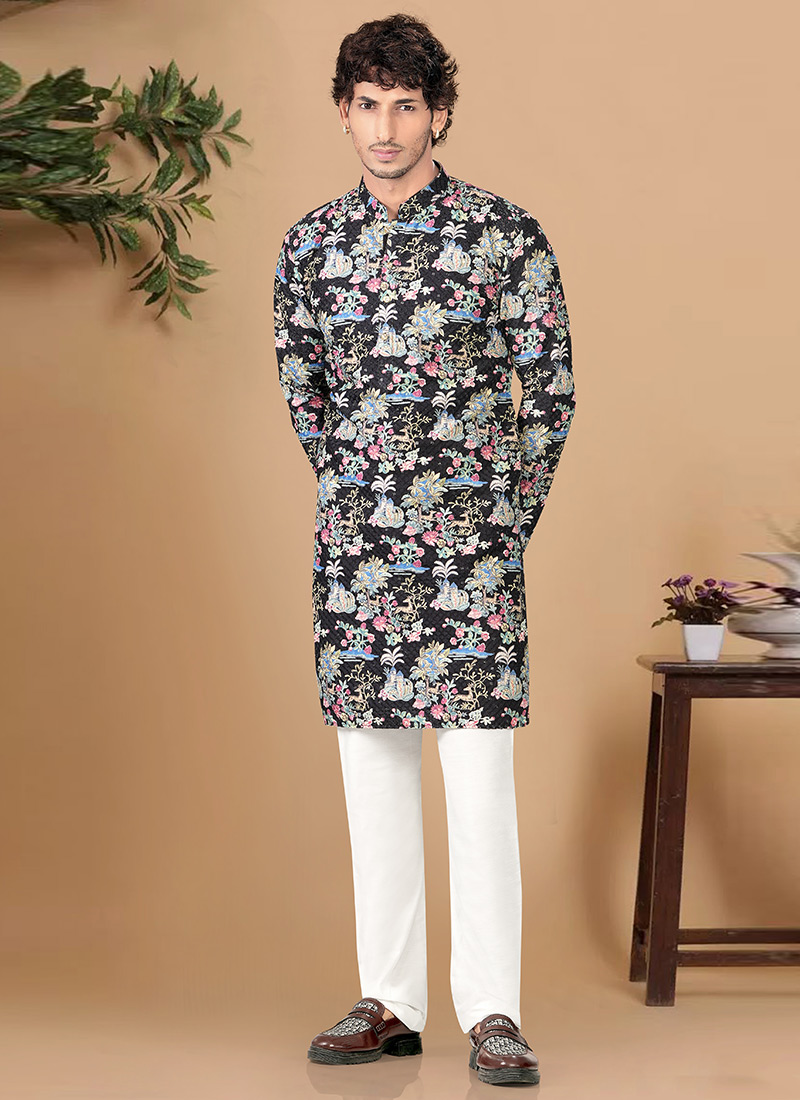 Classic Black Soft Cotton Sequins Embroidered Printed Kurta Pyjama Festive Wear