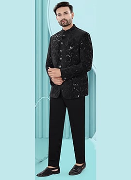 Classic Black Velvet Embroidered Sequins Bandhgala Suit
