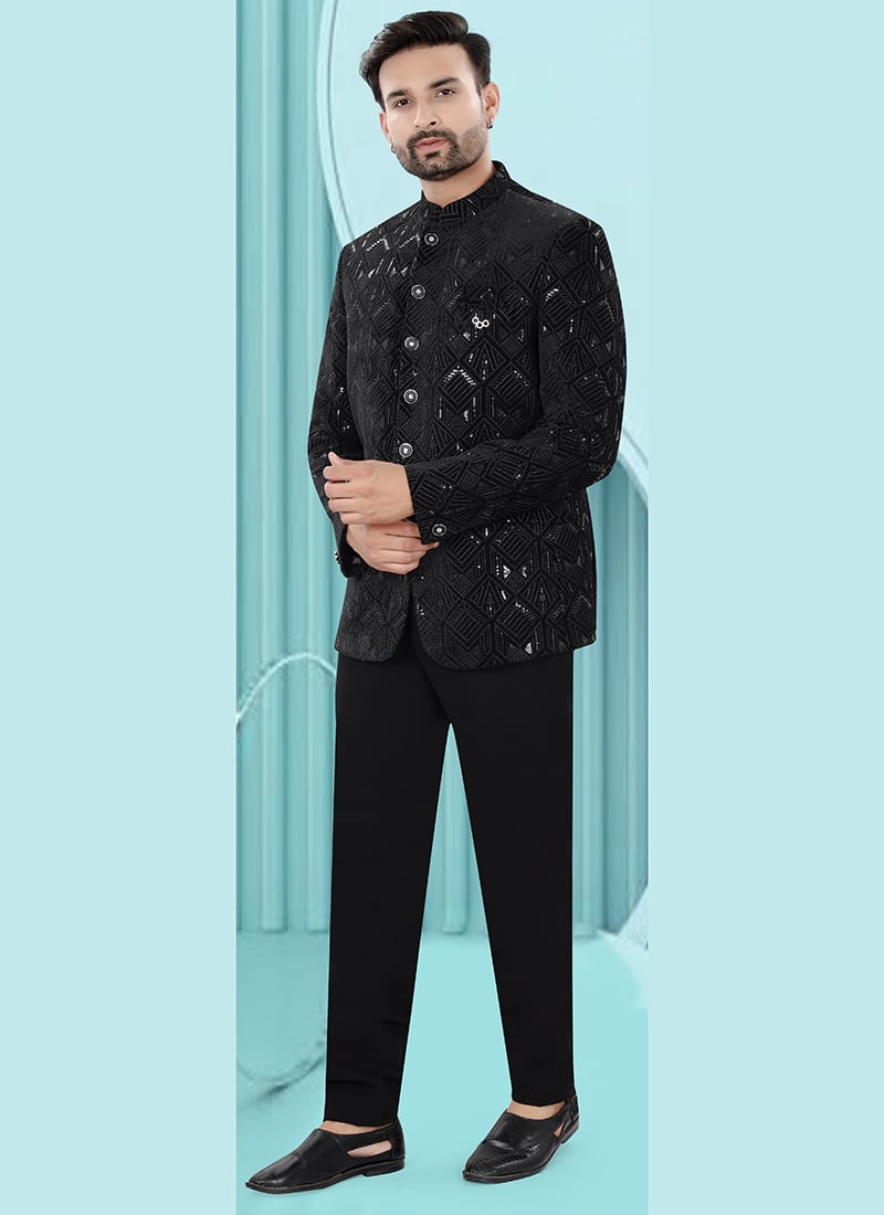 Classic Black Velvet Embroidered Sequins Bandhgala Suit Wedding Wear