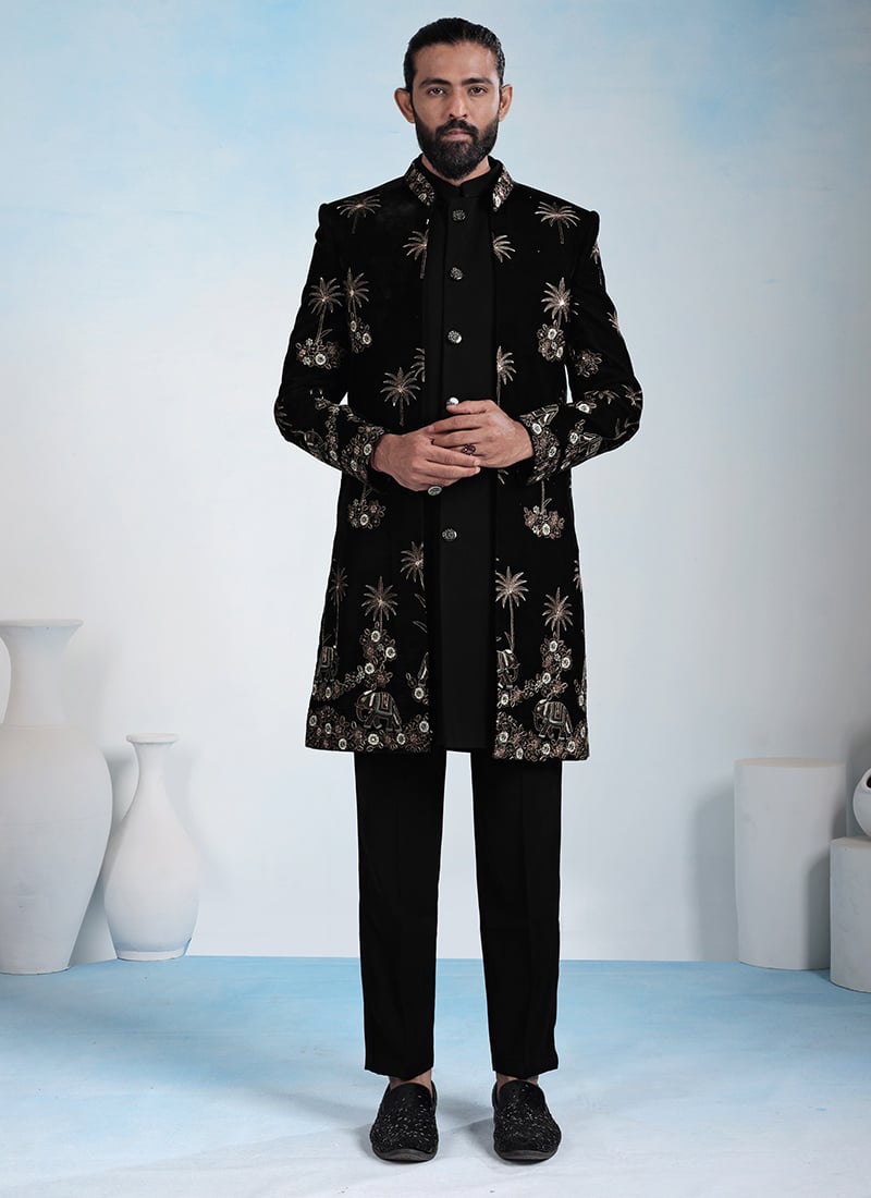 Classic Black Velvet Embroidered Sequins Thread Indowestern Sherwani Wedding Wear