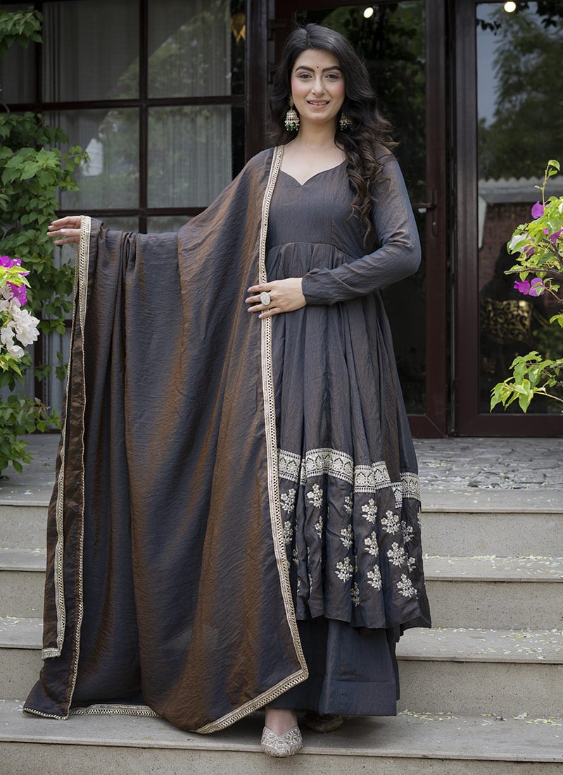 Classic Black Vichitra Silk Embroidered Sequins Anarkali Suit Festive Wear