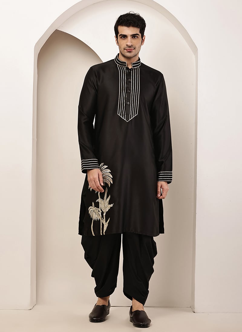 Classic Black Viscose Silk Embroidered Thread Kurta Pyjama Festive Wear