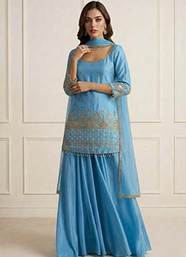 Classic Blue Art Silk Embroidered Sharara Suit
