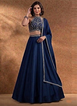 Classic Blue Chinon Beads Stones Hand Embroidered Umbrella Lehenga