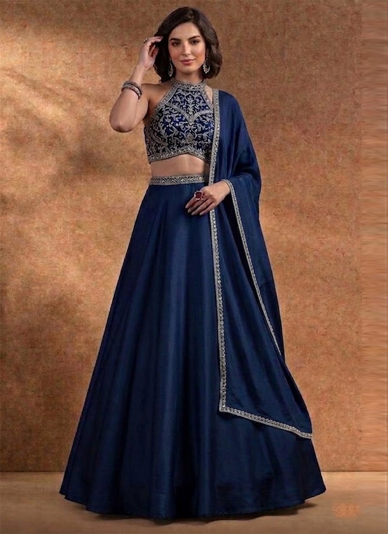 Classic Blue Chinon Beads Stones Hand Embroidered Umbrella Lehenga Wedding Wear