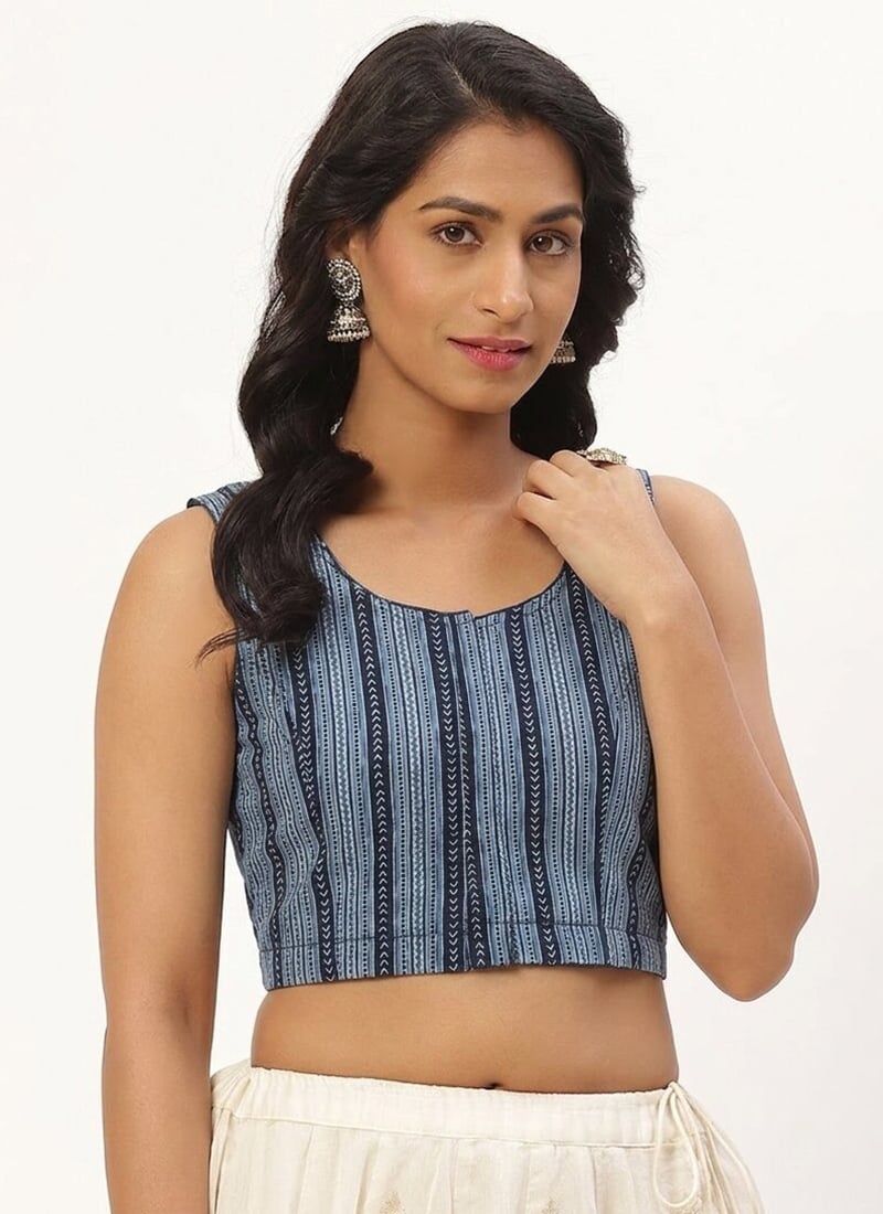 Classic Blue Cotton Printed Blouse   After Six Wear