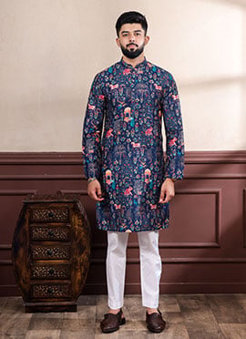 Classic Blue Cotton Printed Kurta Pyjama