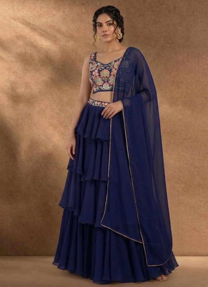 Classic Blue Faux Georgette Resham Beads A Line Lehenga Wedding Wear
