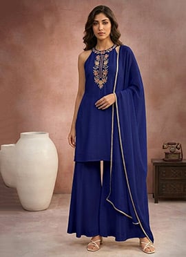 Classic Blue Faux Georgette Resham Embroidered Palazzo Suit