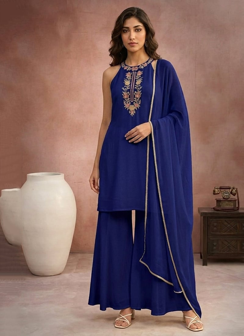 Classic Blue Faux Georgette Resham Embroidered Palazzo Suit Festive Wear