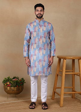 Classic Blue Linen Printed Kurta Pyjama