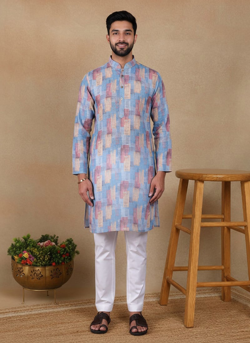 Classic Blue Linen Printed Kurta Pyjama Festive Wear