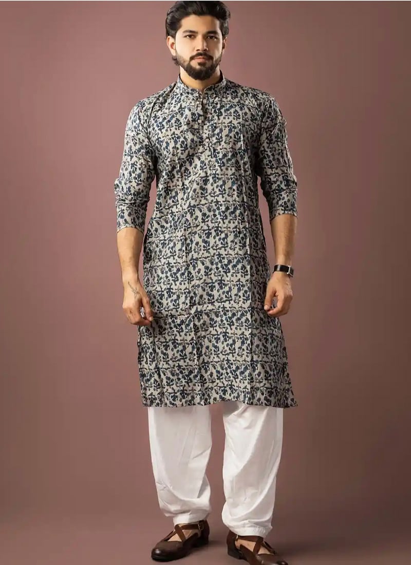 Classic Blue Modal Silk Printed Kurta Pyjama Festive Wear