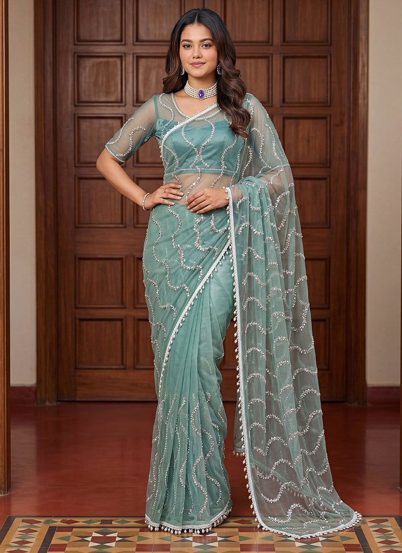Classic Blue Net Sequins Saree After Six Wear