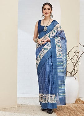 Classic Blue Silk Blend Digital Print Saree