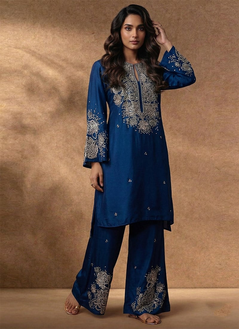 Classic Blue Silk Zari Stones Indowestern Set Wedding Wear