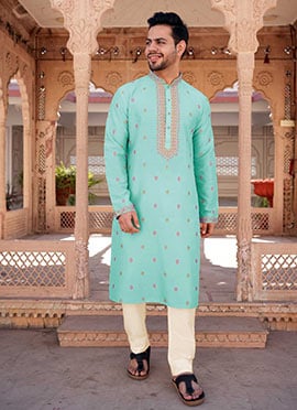 Classic Blue Viscose Jacquard Festive Kurta Pyjama Set