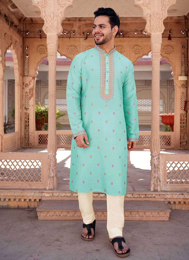 Classic Blue Viscose Jacquard Festive Kurta Pyjama Set Festive Wear