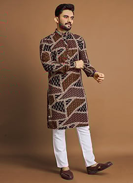 Classic Brown Cotton Foil Print Kurta Pyjama