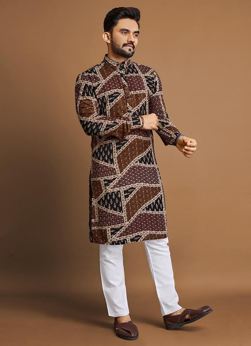 Classic Brown Cotton Foil Print Kurta Pyjama   Festive Wear