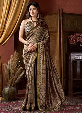 Classic Brown Crepe Silk Jacquard Digital Print Saree
