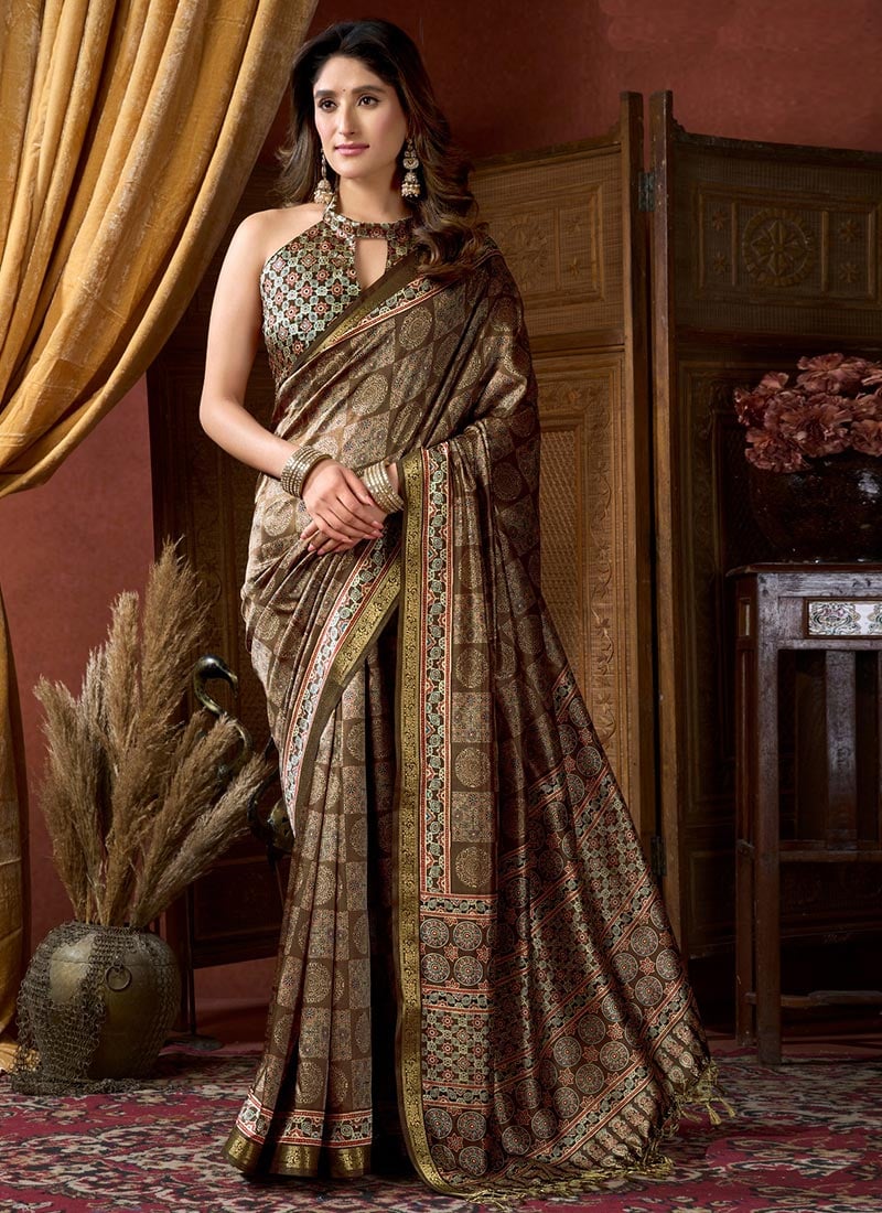 Classic Brown Crepe Silk Jacquard Digital Print Saree After Six Wear