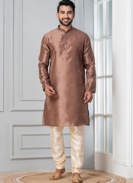 Classic Brown Dupion Silk Plain Kurta Pyjama