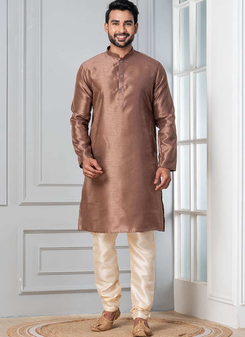 Classic Brown Dupion Silk Plain Kurta Pyjama Festive Wear